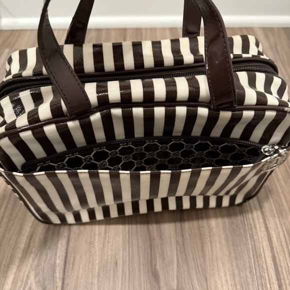 Henri Bendel Chic Vintage Brown and White Striped Cosmetic Bag - Picture 9 of 13